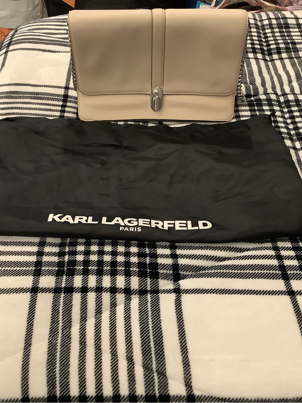 Karl Lagerfeld Beige Leather Messenger Bag with Silver-Tone Lock